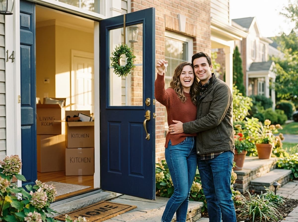 Pareja levantando las llaves frente a la puerta azul marino de su nueva casa