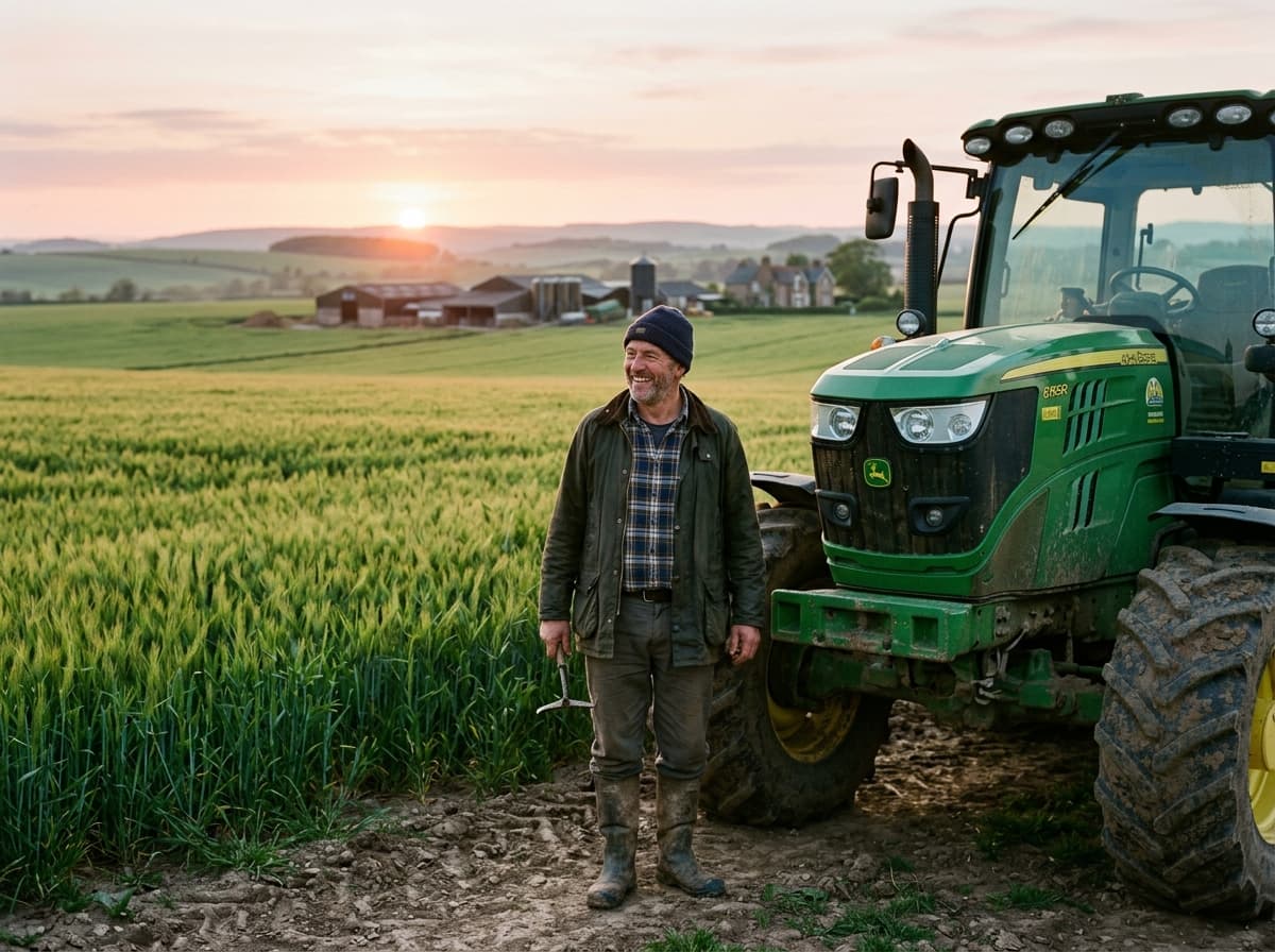 Agricultor de pie junto a un tractor en un campo de cultivo extenso al amanecer