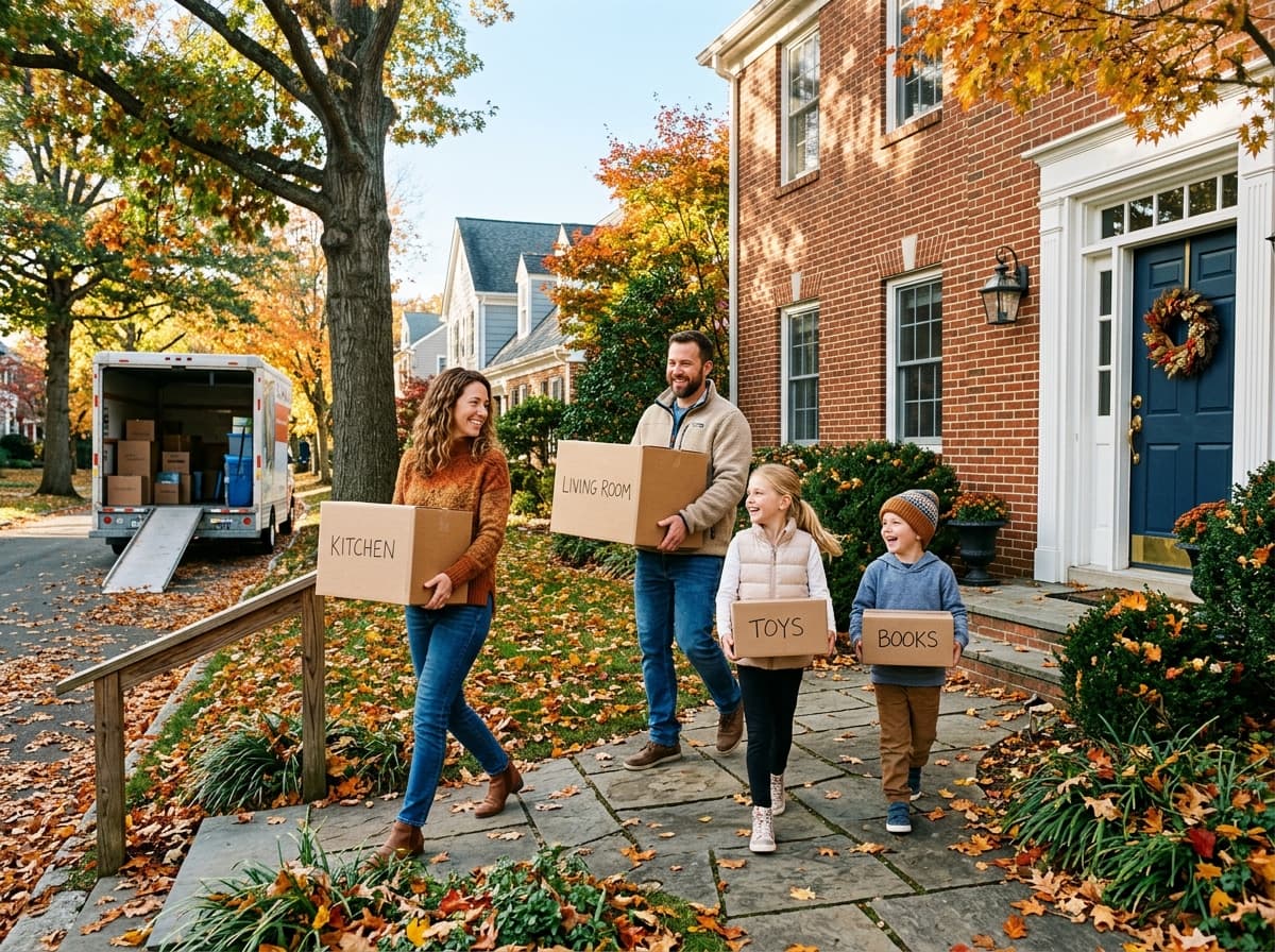 Familia cargando cajas de mudanza etiquetadas desde un camión hacia su nueva casa colonial