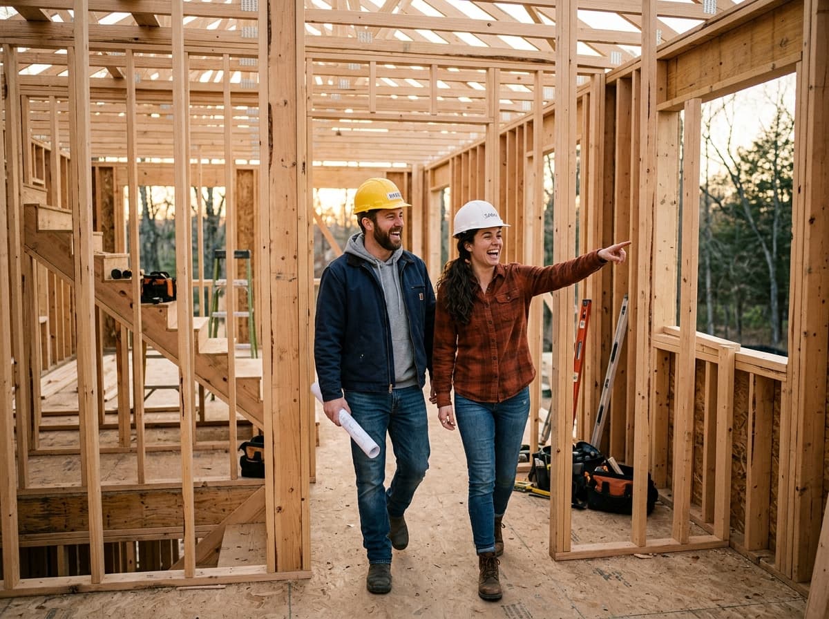 Pareja con cascos caminando por la estructura de madera de su futura casa