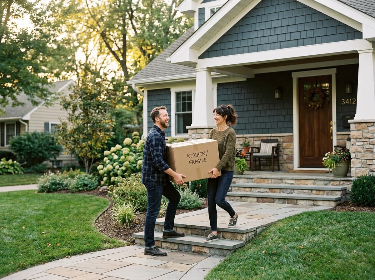 Pareja cargando una caja de mudanza hacia la entrada de su nueva casa