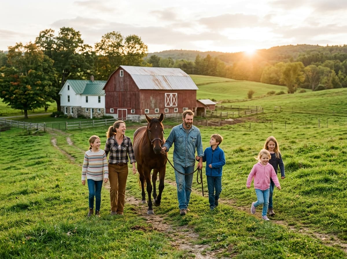 Familia llevando un caballo hacia un granero rojo junto a su casa de campo en terreno ondulado