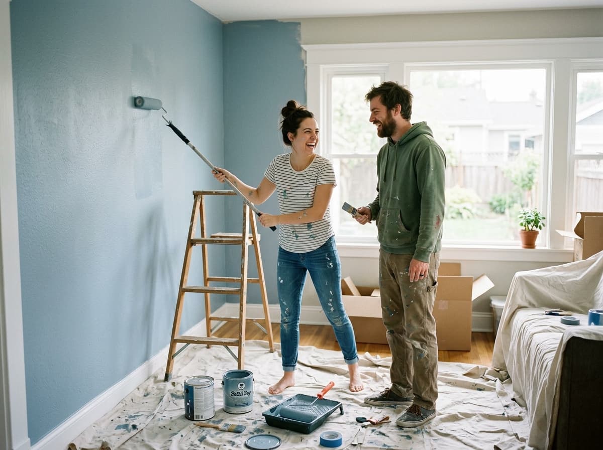 Pareja joven pintando feliz una pared de su primera casa