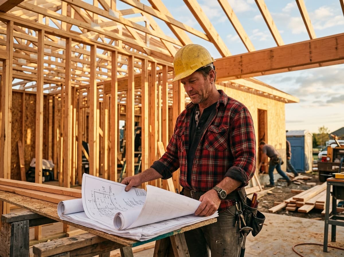 Constructor revisando planos dentro de la estructura de madera de una casa nueva