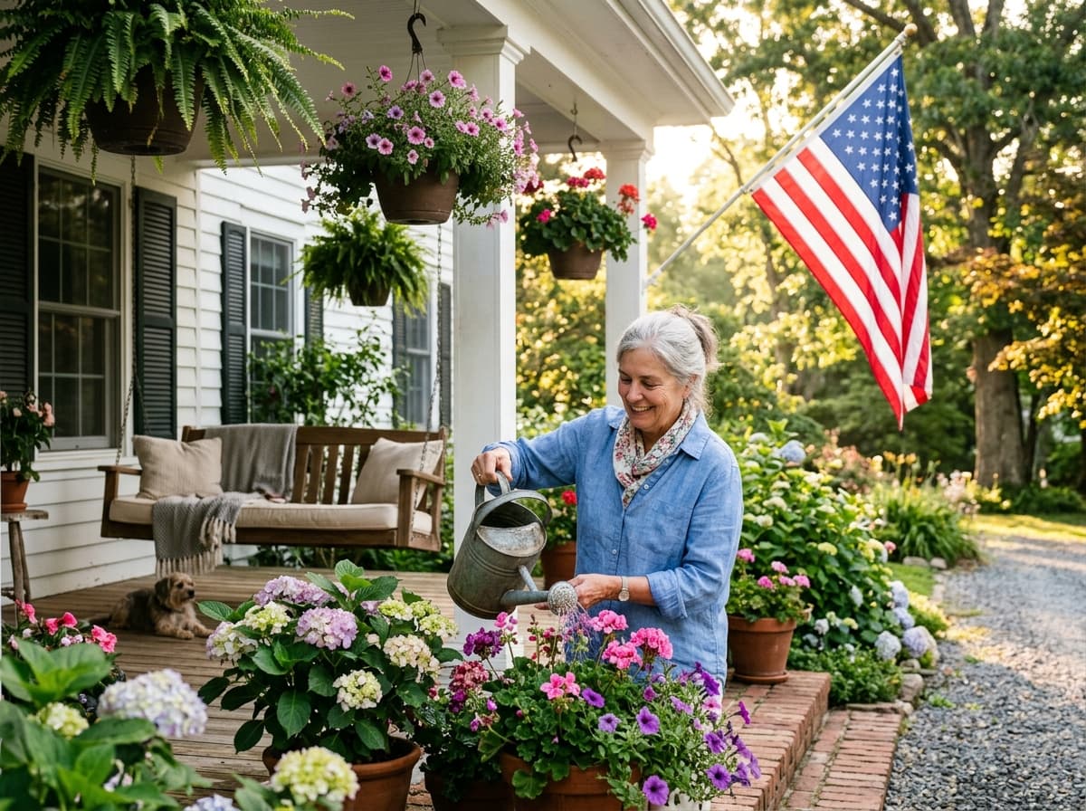 Dueña de casa jubilada regando tranquilamente las flores en el porche de su casa de campo blanca
