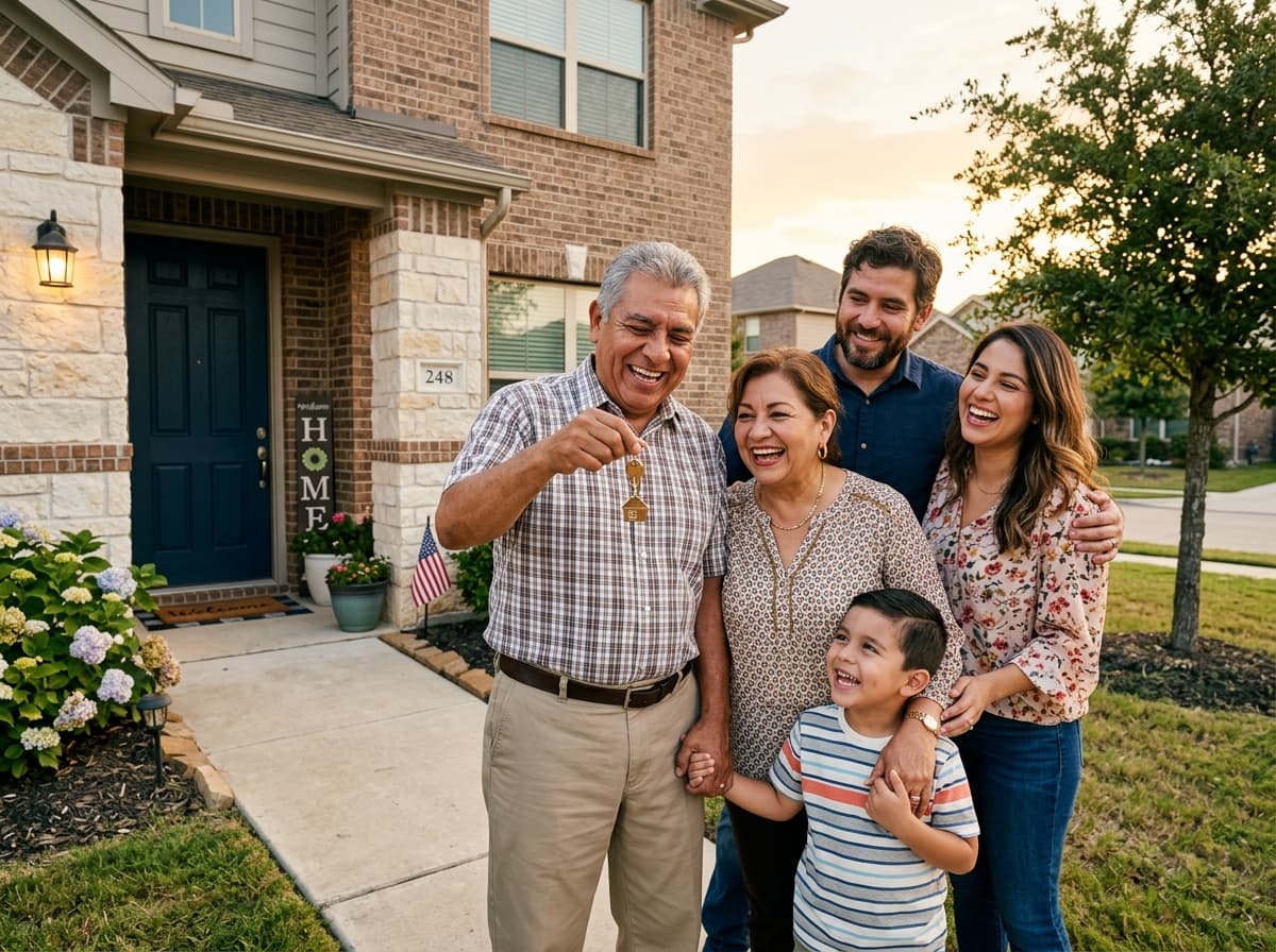Familia multigeneracional celebrando con las llaves frente a su casa nueva