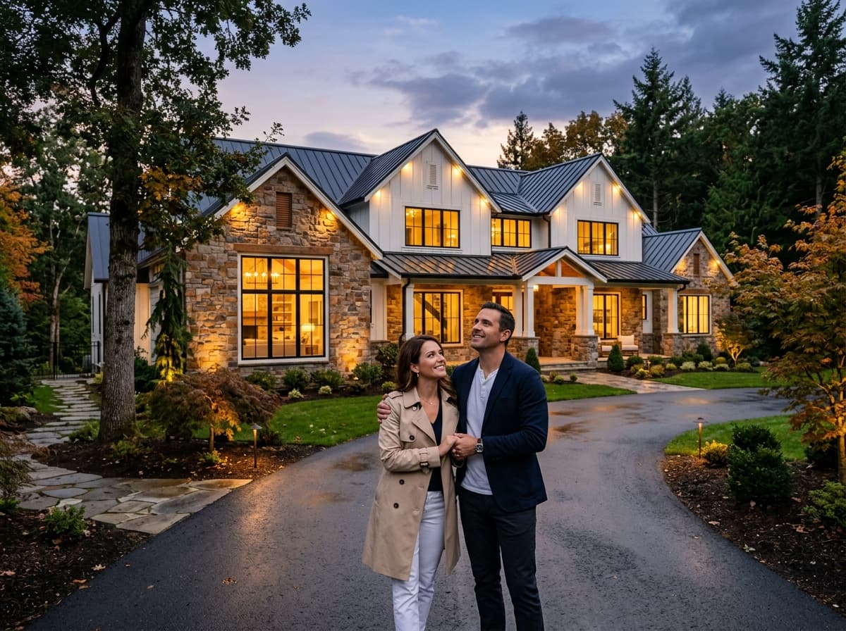 Pareja de pie en la entrada de su casa de lujo al atardecer con las ventanas iluminadas
