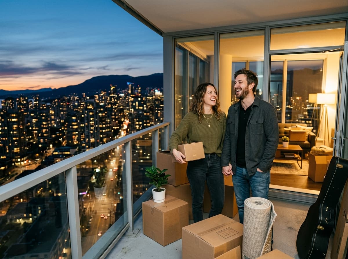 Pareja con cajas de mudanza en el balcón de su nuevo condominio de torre al atardecer