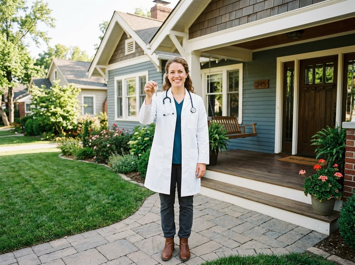 Médica joven con bata blanca sosteniendo las llaves de su casa nueva frente a su hogar