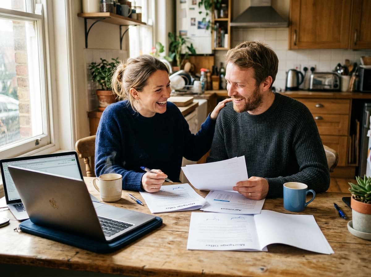 Pareja aliviada revisando los papeles de su refinanciamiento en la mesa de la cocina