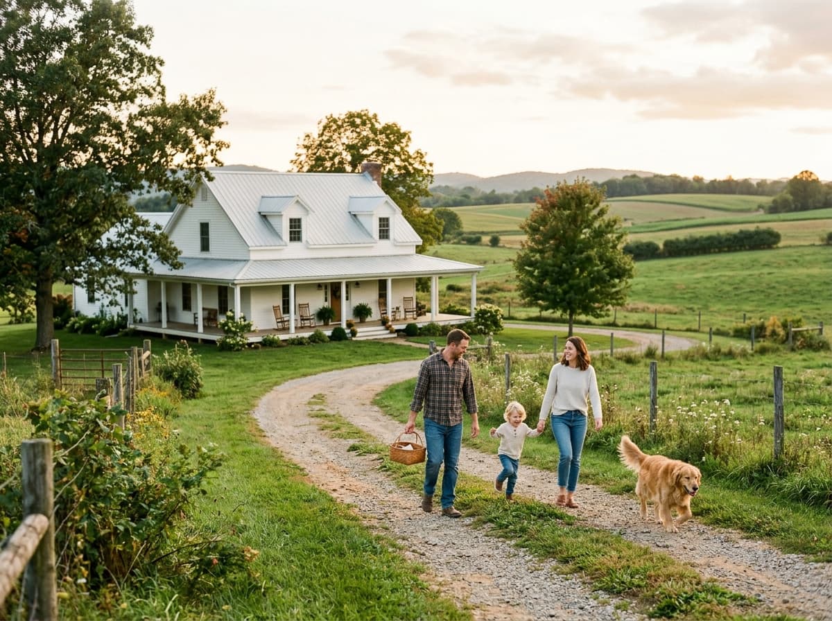 Familia con su perro caminando por la entrada hacia una casa blanca estilo campestre