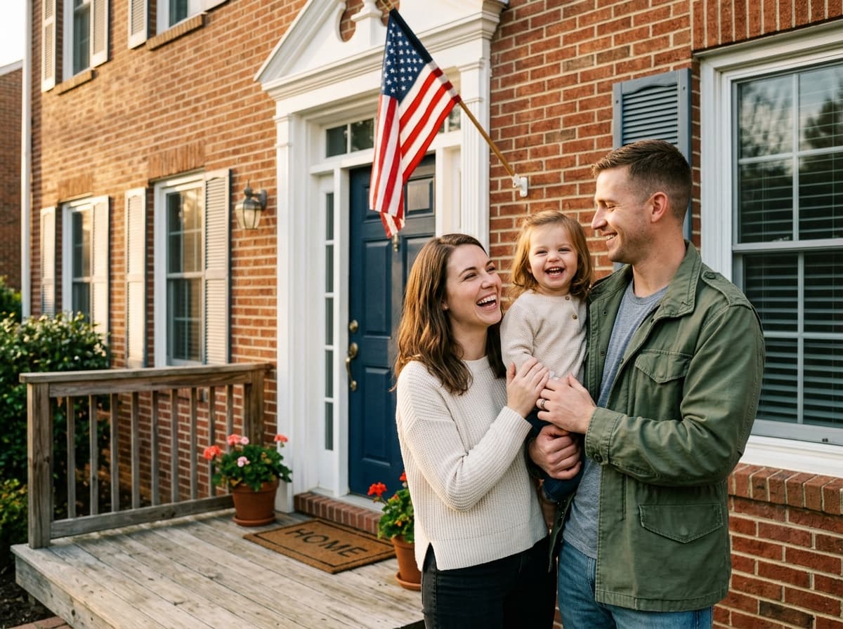 Familia de un veterano sonriendo en el porche de su casa de ladrillo con una bandera de Estados Unidos junto a la puerta