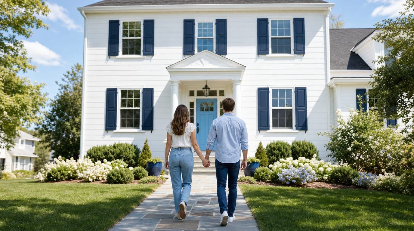 Pareja caminando de la mano hacia una casa colonial blanca con persianas azul marino