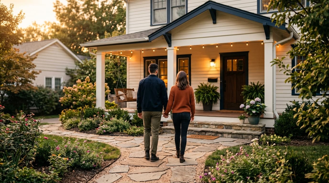 Pareja caminando de la mano hacia el porche de su nueva casa
