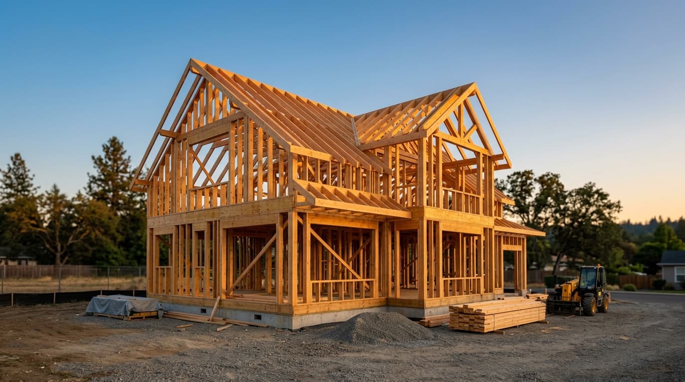 Casa nueva en construcción con estructura de madera fresca al atardecer