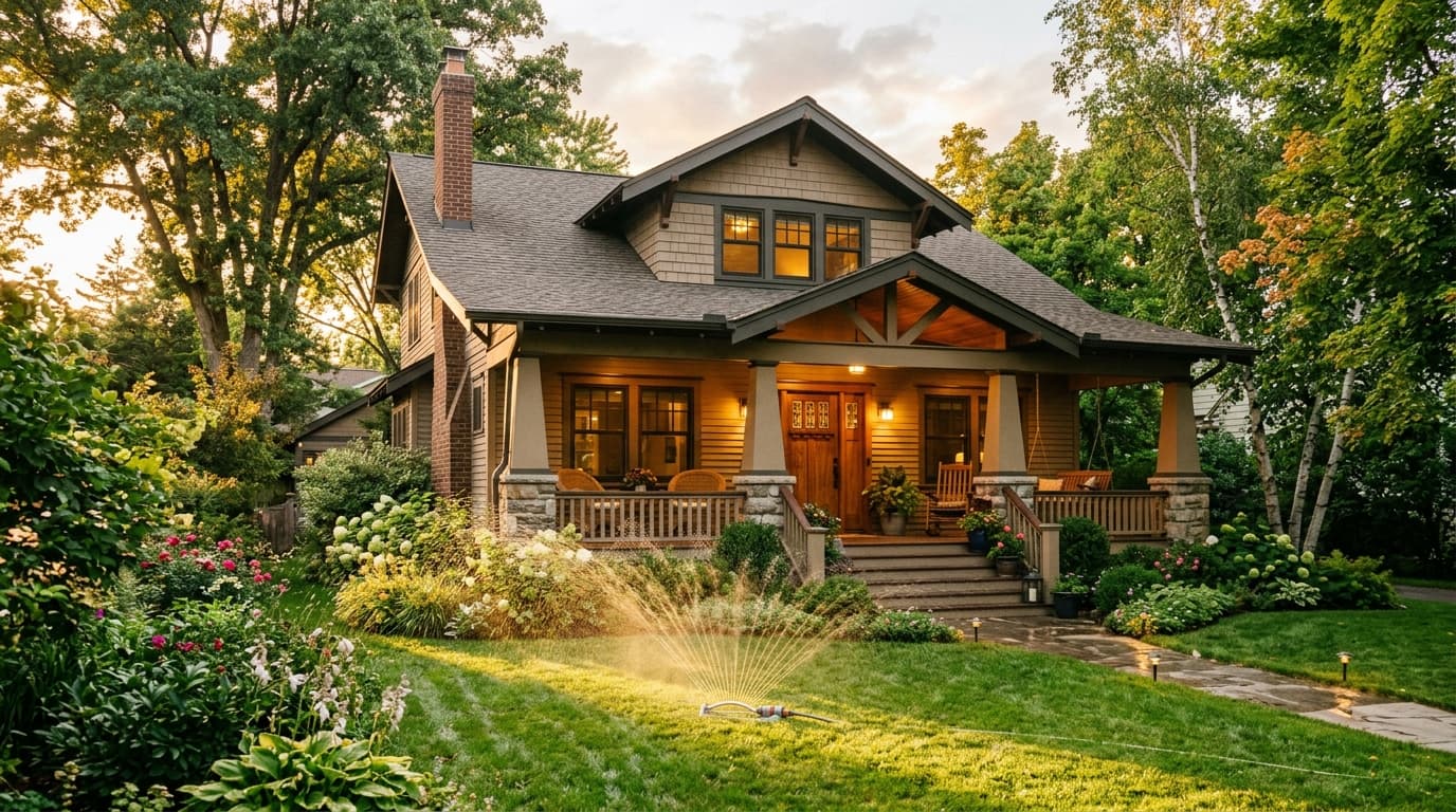 Casa estilo craftsman con un porche amplio bajo una cálida luz de tarde