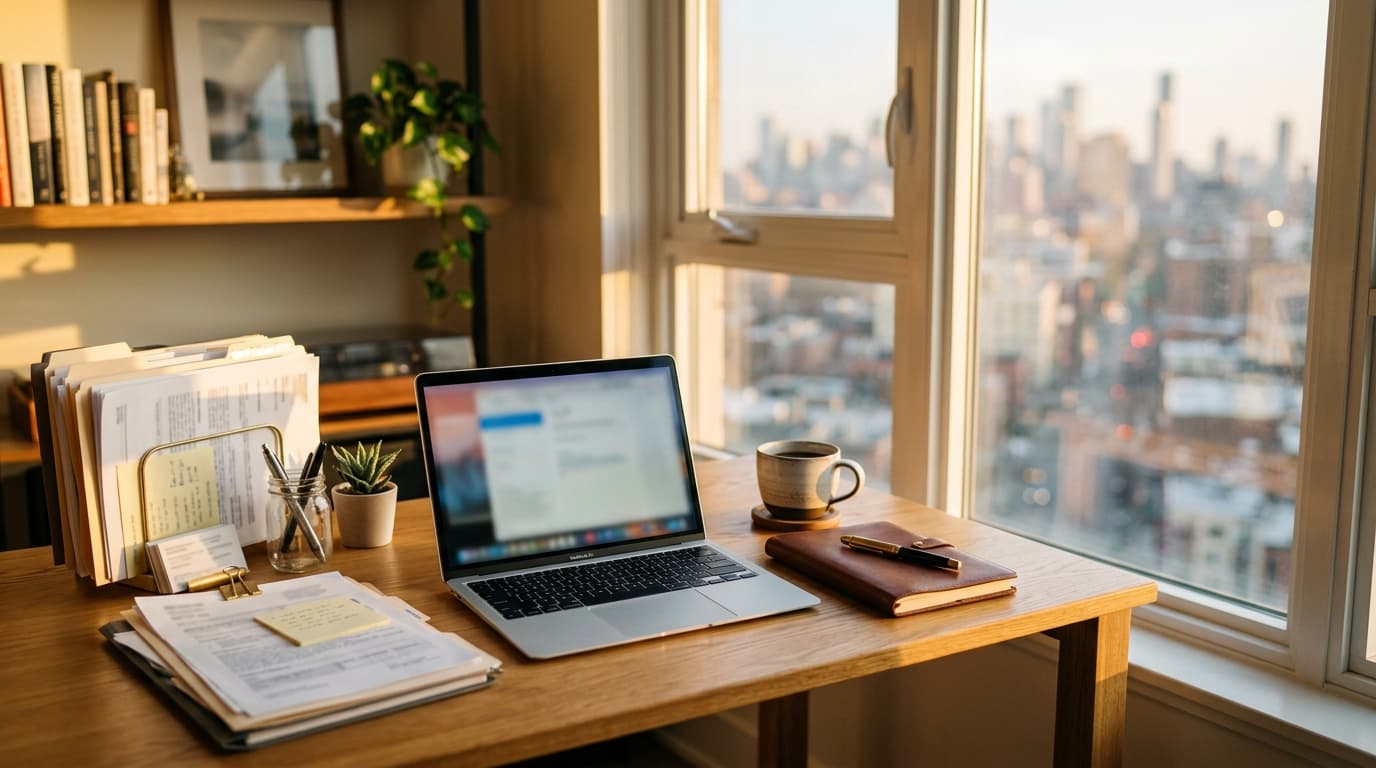 Escritorio de oficina en casa iluminado por el sol, con laptop, cuaderno y papeles de negocio