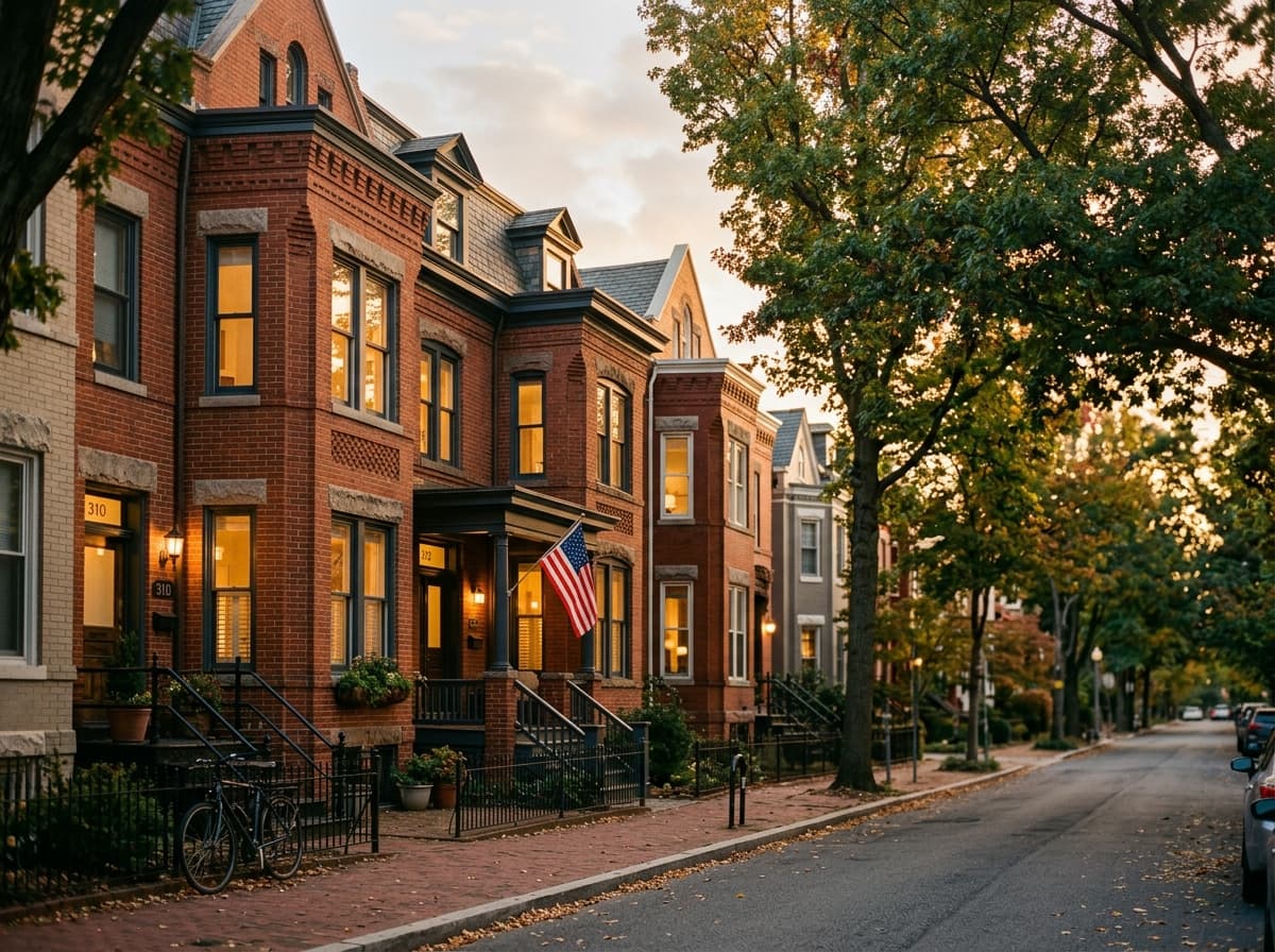 Casas adosadas de ladrillo en una calle arbolada de Washington, DC al atardecer