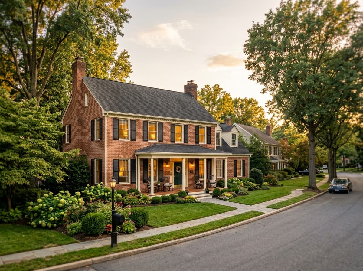 Casa colonial de ladrillo en una calle suburbana arbolada de Maryland
